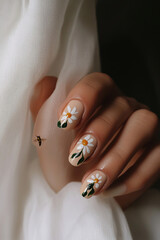 Floral and delicate beauty: Hands with nails in natural tones adorned with designs of white daisies and green leaves. Ideal for spring, nature, lightness and charming nail art themes.