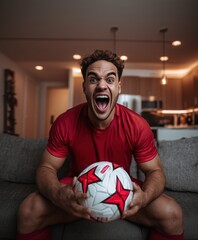 Excited football fan screaming at home wearing red soccer jersey