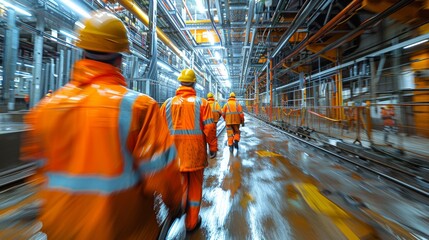 A dynamic image of construction workers in bright orange gear walking through a busy industrial site, showcasing teamwork and the energy of ongoing work in a modern environment.