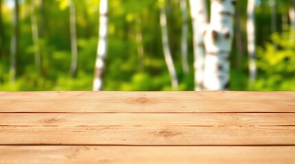 Fototapeta premium Wooden table in front of a blurred birch forest with green foliage