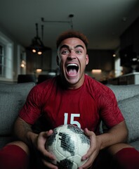 Man passionately cheering while watching football, wearing red jersey