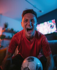 Football enthusiast shouting during match indoors with red uniform