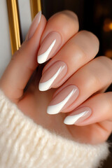 Hand with oval nails featuring an elegant design of asymmetrical white tips on a nude base. Ideal for beauty themes, nail art trends, sophistication and self-care.