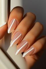 Hand with almond-shaped nails, featuring a minimalist design with white lines on a nude base. Ideal for beauty themes, nail art trends, sophistication and self-care.
