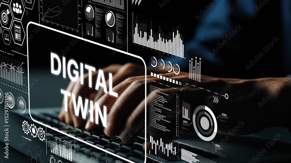 Poster innovative digital twin technology concept with hands on keyboard and data visualization graphics in
