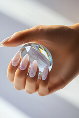 Elegance and shine: Hand with pastel-colored nails and marbled design, holding a faceted crystal object that reflects the light. Ideal for beauty, spa, wellness, luxury and self-care themes.