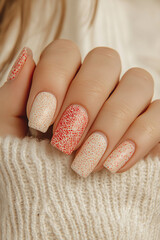 Close-up of a hand with soft peach and coral nails adorned with a subtle textured effect reminiscent of sugar, contrasting with the softness of a light knit sweater. Ideal for beauty, self-care and na