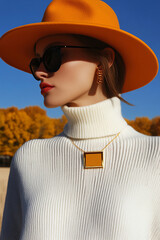 Woman wearing a vibrant orange hat, sunglasses and a white turtleneck, in a setting with golden foliage. Ideal for fashion, fall, travel and elegant lifestyle themes.