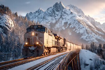 Freight Train Powering Through Snowy Mountain Valley at Sunset