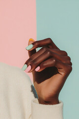 Vibrant and modern style: Hand with colorful manicure in pastel shades of pink, green and orange, contrasting with a geometric background. Ideal for themes of beauty, creativity, fashion trends and se