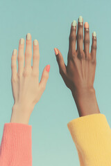 Celebrating Diversity and Connection: Two hands with different skin tones and colorful nails reaching toward the sky, symbolizing unity, friendship, and inclusion. Perfect for themes of collaboration,