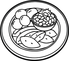 Vector illustration of a set of food including pizza, bread, and fruit, with decorative floral elements, animal and cartoon turtle art