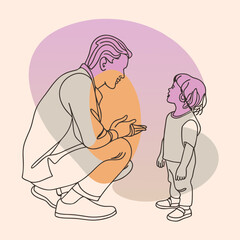 an adult squatted down in front of the child and sits on the same level with him and says something to him