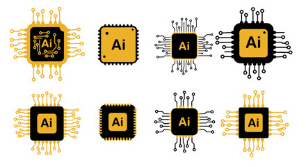artificial intelegence AI processor chip icon, AI processor circuit vector set, mini AI cpu icon collection, buatkan prompt tersebut dengan gaya flat vector berwarna hitam dan kuning