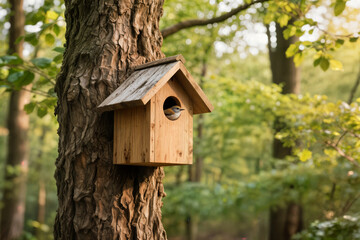 rustic birdhouse made from reclaimed wood hanging on a tree branch in a natural setting concept primer plano de una pajarera en un &aacute;rbol concepto gros plan d'un nichoir sur un arbre concept