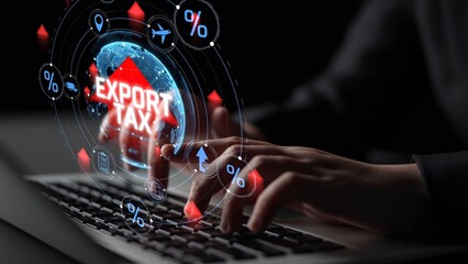 Digital Representation of Export Tax and Tariff Calculations on a Laptop with Global Data Visualization Elements. Consignment.