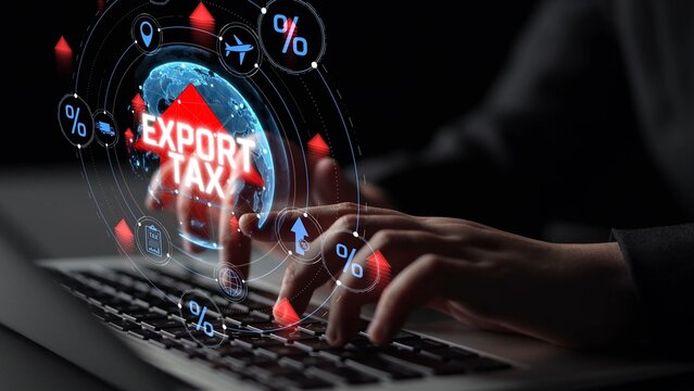 Digital Representation of Export Tax and Tariff Calculations on a Laptop with Global Data Visualization Elements. Consignment.