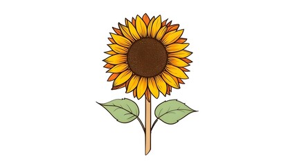 Bright Sunflower with Yellow Petals and Green Leaves on White Background