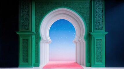 Fototapeta premium Celestial City Gate: Ornate Green Archway Opening to Starry Night Sky