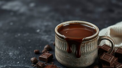 Closeup of a mug filled with hot chocolate dripping surrounded by chocolate pieces on a dark surface