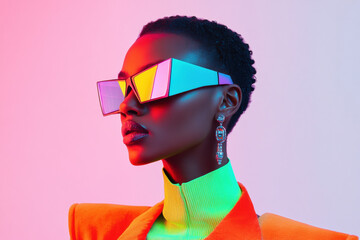 Fashion forward woman in vibrant futuristic attire wearing bold geometric sunglasses and neon colors against a striking gradient background
