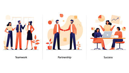 Teamwork, Partnership, and Success Business Collaboration Vector Illustrations