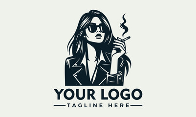 Cool black and white illustration of a fashionable woman wearing sunglasses and leather jacket while smoking a cigarette. Urban lifestyle concept
