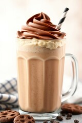 Frothy milkshake in a glass mug topped with chocolate swirl beside cookies and chips