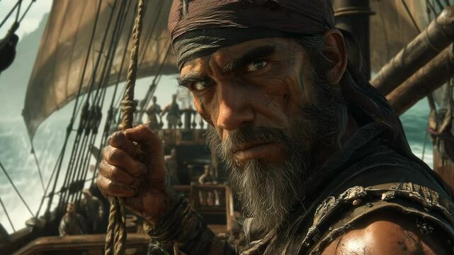 Determined pirate steering ship at sea with intense focus and wind in sails