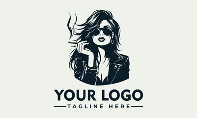 Cool black and white illustration of a fashionable woman wearing sunglasses and leather jacket while smoking a cigarette. Urban lifestyle concept