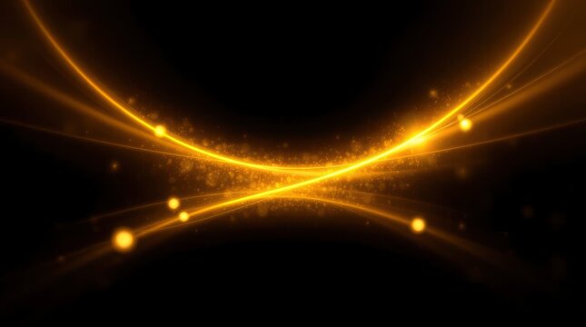 Luminous golden arcs intersect against a dark void creating a focal point of light and sparks