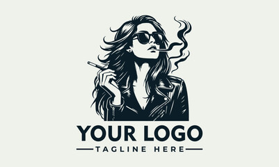 Cool black and white illustration of a fashionable woman wearing sunglasses and leather jacket while smoking a cigarette. Urban lifestyle concept