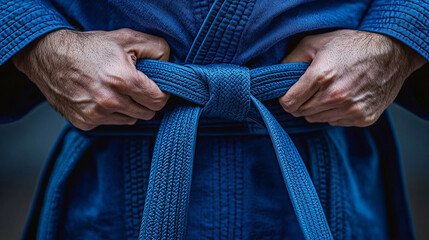 Close up of person tying a blue martial arts belt around their waist in a traditional uniform