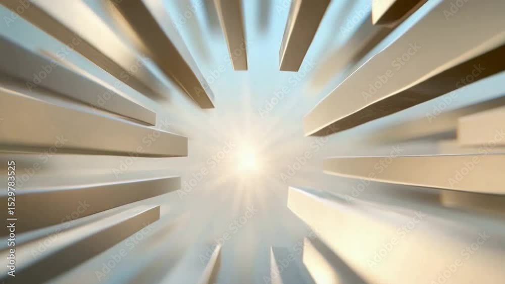 Fototapete Glimmering Beams of Light: Abstract composition of elongated metallic bars radiating towards a central point of bright sunlight, creating an alluring display of depth and perspective. 