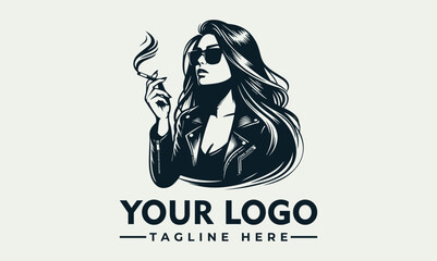 Cool black and white illustration of a fashionable woman wearing sunglasses and leather jacket while smoking a cigarette. Urban lifestyle concept