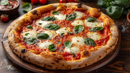 A gorgeous photo of a freshly baked Margherita pizza topped with mozzarella, basil, and rich tomato sauce, offering a delicious feast for pizza enthusiasts and food lovers alike.