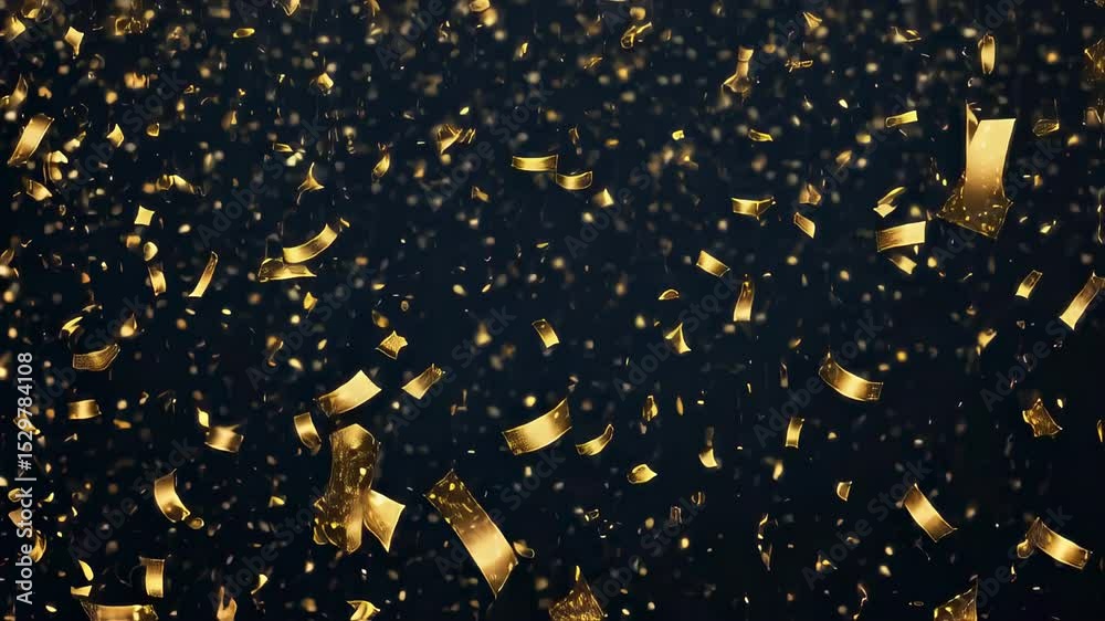 Poster gold confetti falling in a loop on a black background with glittering festive particles