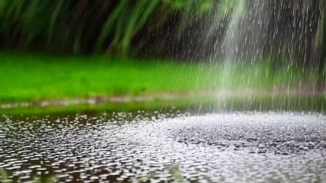 4K 30fps high-speed footage of heavy rain falling into a puddle with a green background, captured using a Phantom Flex 4K camera. Detailed slow-motion visuals showcasing raindrops splashing and rippli