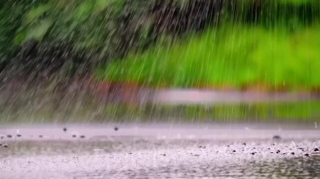 4K 30fps high-speed footage of heavy rain falling into a puddle with a green background, captured using a Phantom Flex 4K camera. Detailed slow-motion visuals showcasing raindrops splashing and rippli