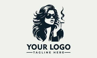 Cool black and white illustration of a fashionable woman wearing sunglasses and leather jacket while smoking a cigarette. Urban lifestyle concept