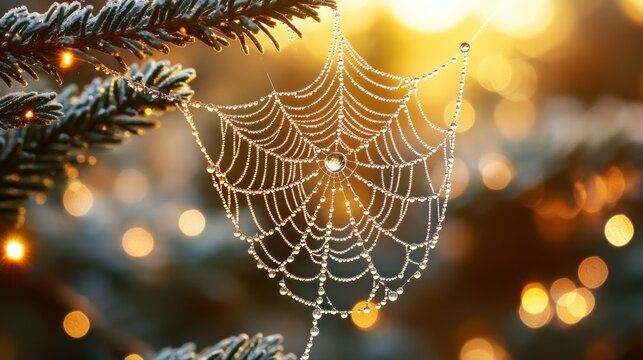 Dew-kissed spiderweb on frosty branch at sunrise