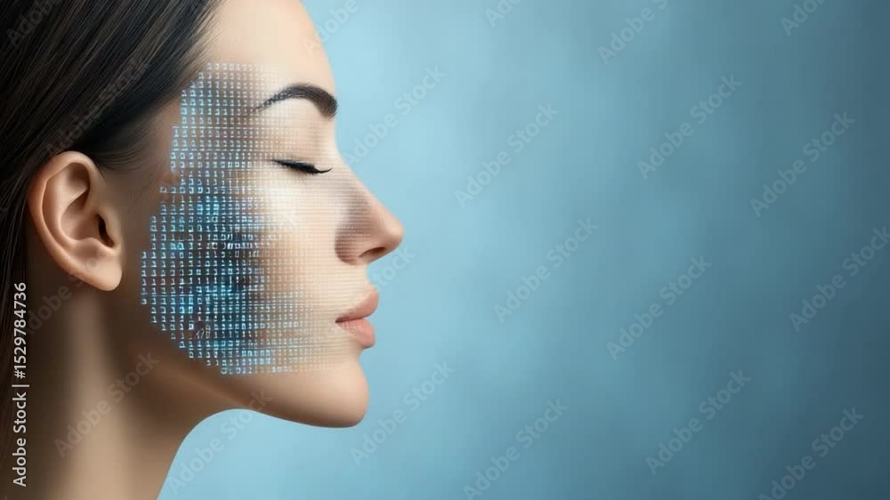 Poster Digital Identity: A woman's serene face is partially overlaid with a digital matrix, representing the concept of digital identity and technology's increasing integration with human experience.