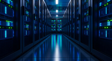 Dark data center Server Room Corridor with Illuminated Racks and Reflective Floor