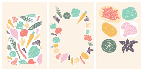 Set of 3 poster designs for healthy food concept, Veggie Time! Series. Cute hand drawn mix vegetables illustration in minimal style for frame or template design, Pastel colorful colors.