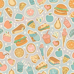 Seamless retro food pattern with cute cartoon fast food, desserts and fruits. Pastel doodle style perfect for stickers, packaging, kids design, scrapbooking, textile and stationery