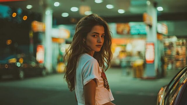 Young caucasian woman at nighttime gas station with neon lights