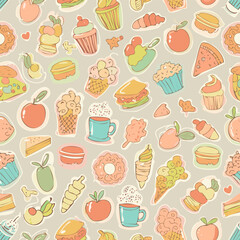 Seamless retro food pattern with cute cartoon fast food, desserts and fruits. Pastel doodle style perfect for stickers, packaging, kids design, scrapbooking, textile and stationery