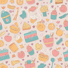 Seamless retro food pattern with cute cartoon fast food, desserts and fruits. Pastel doodle style perfect for stickers, packaging, kids design, scrapbooking, textile and stationery