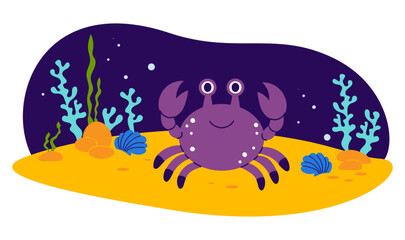 Cute Crab and Sea algae on sandy seabed. Funny tropical animal. Underwater seascape landscape. Vector illustration. Kids collection