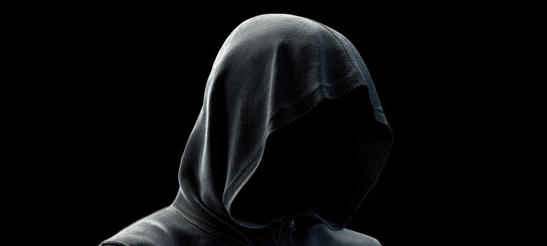 The faceless figure shrouded in darkness evokes mystery and intrigue.